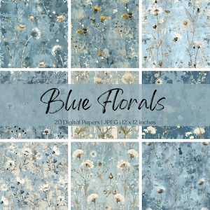 Blue Floral Digital Printable Paper Seamless Faded Shabby Chic Digital Download Watercolor Flower Scrapbook Rustic Junk Journal Ephemera JPG