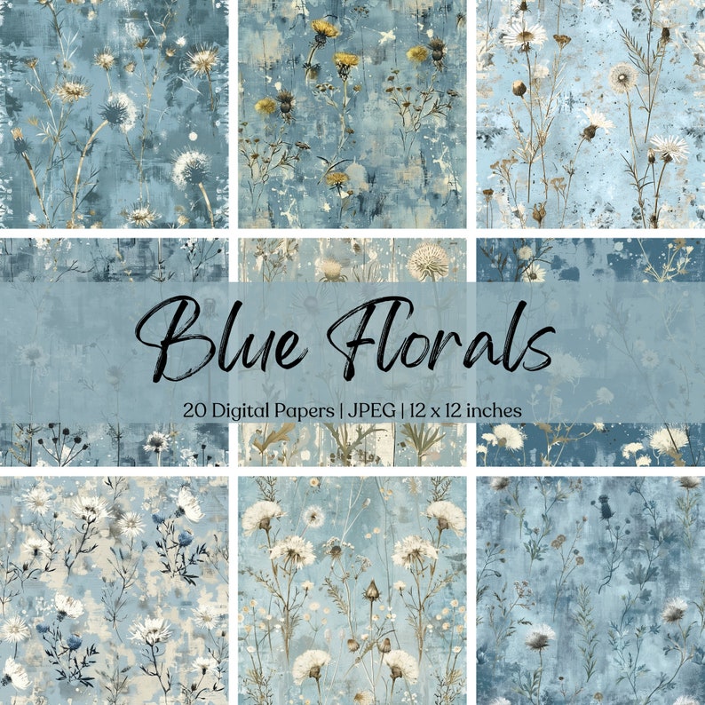 Blue Floral Digital Printable Paper Seamless Faded Shabby Chic Digital ...