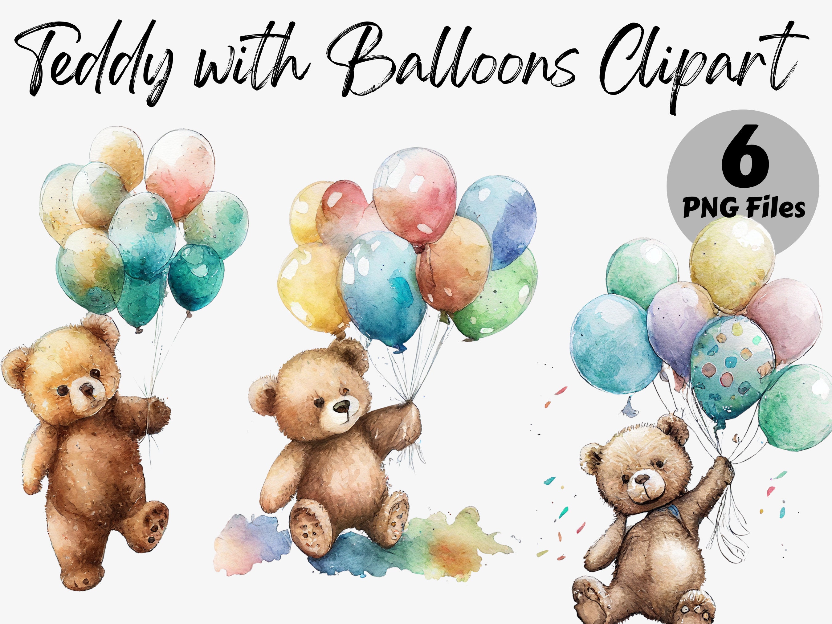 Watercolor Teddy Bear With Balloons Clipart Bundle | Teddy Bear Digital ...