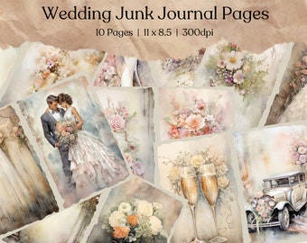Vintage Wedding Junk Journal Pages | Digital Scrapbook Paper Kit | Printable | Flowers Collage Sheet | Marriage White Dove | Love Ephemera