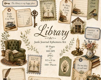 Library Junk Journal Ephemera Kit, Vintage Bookish Tags, Reading Labels and Journal Cards, Printable Literary Paper Craft Set, Academia Kit