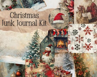 May include: A digital collage kit with a Christmas theme. The kit includes images of a snowman, a fireplace, a Christmas tree, a Santa Claus, and a winter scene. The kit also includes a variety of patterns and textures, such as snowflakes, holly, and berries.