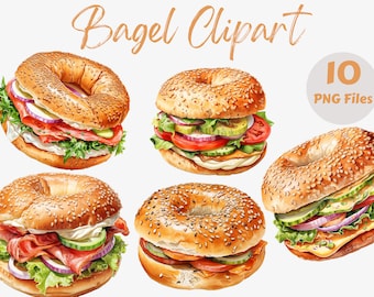 May include: Ten watercolor illustrations of different bagel sandwiches. Each bagel is topped with sesame seeds and filled with various ingredients, including lettuce, tomato, onion, cucumber, and cheese.