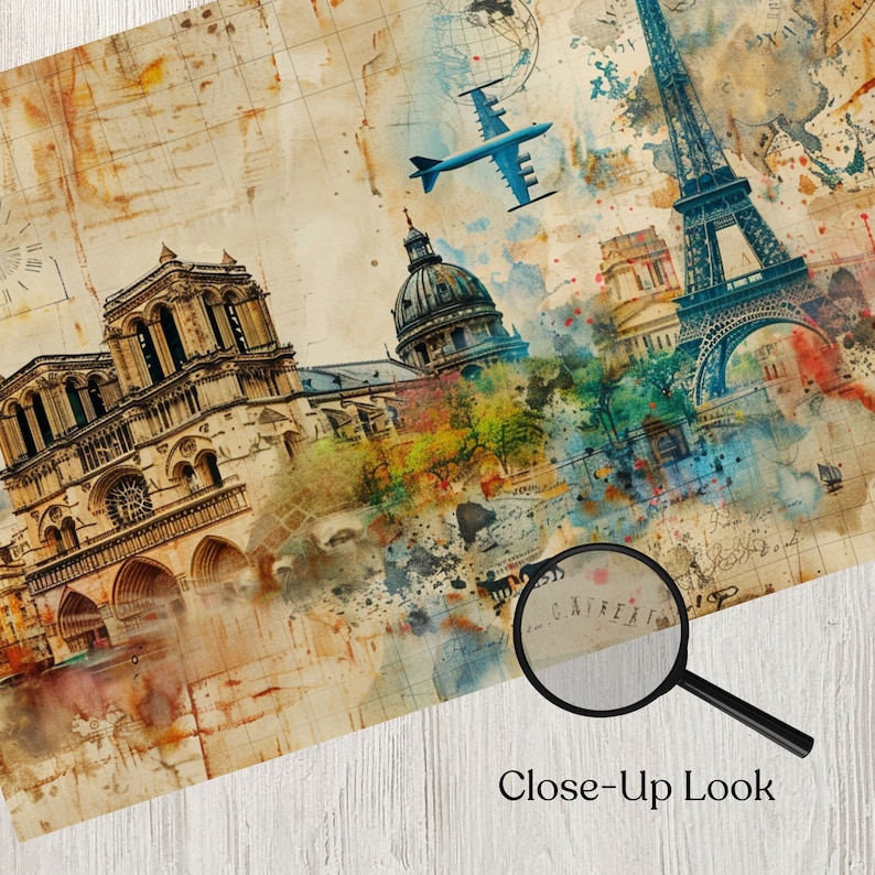 Pode incluir: Uma ilustra&ccedil;&atilde;o em aquarela de estilo vintage de marcos famosos de Paris, Fran&ccedil;a. A imagem apresenta a Torre Eiffel, a Catedral de Notre Dame e a Bas&iacute;lica do Sagrado Cora&ccedil;&atilde;o. A ilustra&ccedil;&atilde;o &eacute; sobreposta a um mapa do mundo desbotado e a um avi&atilde;o vintage.