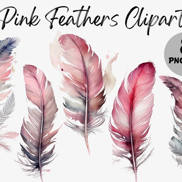 Bundle Clipart plume rose aquarelle | Images numériques plumes | Graphiques de plumes roses | Téléchargement instantané | Aquarelle Plumes Roses PNG