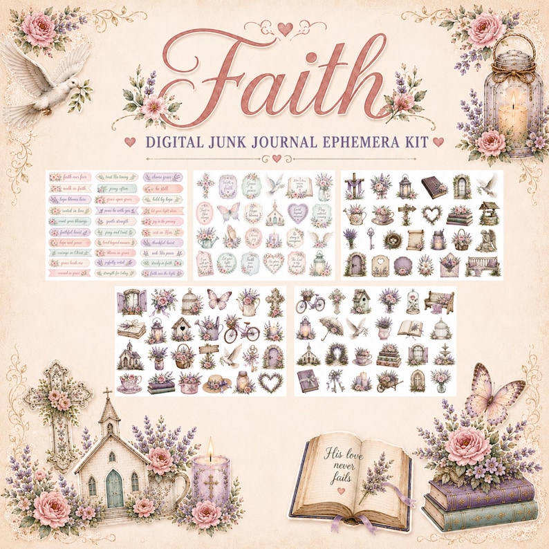 May include: A digital junk journal ephemera kit titled Faith, featuring a collection of floral, religious, and vintage-themed illustrations including crosses, churches, candles, butterflies, and books with lavender and pink rose accents.
