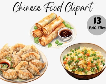 Aquarell Chinesisches Essen Clipart | Chinesisches zum Mitnehmen PNG | Kawaii Essen PNG | Gebratener Reis | Knödel | Sofort Download | Kommerzielle Nutzung