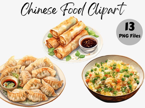 Watercolor Chinese Food Clipart | Chinese Takeout PNG | Kawaii Food PNG | Fried Rice | Dumplings | Instant Download | Commercial Use