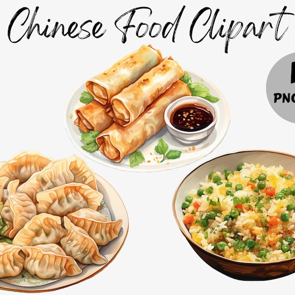 Watercolor Chinese Food Clipart | Chinese Takeout PNG | Kawaii Food PNG | Fried Rice | Dumplings | Instant Download | Commercial Use