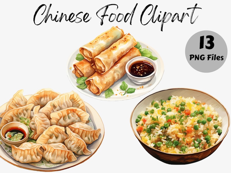 Pode incluir: Uma ilustra&ccedil;&atilde;o digital de tr&ecirc;s pratos de comida chinesa. O primeiro prato tem rolinhos primavera, o segundo prato tem bolinhos e o terceiro prato tem arroz frito. Cada prato tem uma tigela pequena de molho para mergulhar.