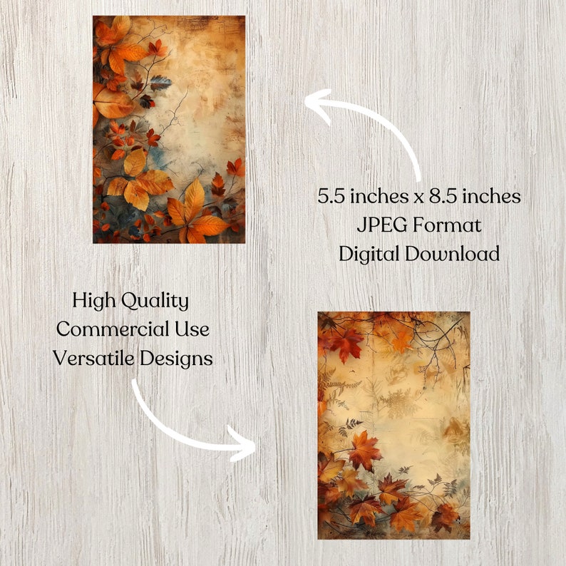 May include: Digital download of a fall-themed image featuring a vintage background with orange, red, and yellow leaves. The image is 5.5 inches by 8.5 inches and is in JPEG format.
