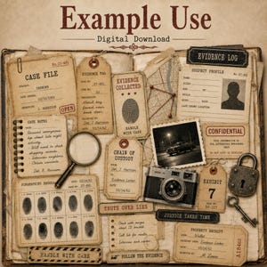 May include: A collection of vintage-style detective documents including a case file, evidence tags, a fingerprint record, a suspect profile, a magnifying glass, a camera, a padlock, and a key, all arranged on a textured, aged paper background.