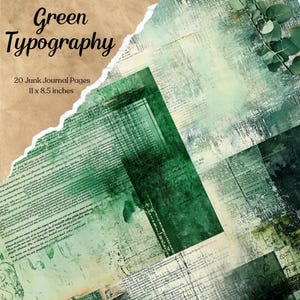 Junk Journal typographie verte pages imprimables vintage éphémères carte de scrapbooking feuille de collage numérique Junk Journal Scrapbooking papier calligraphie