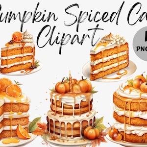 May include: A set of 13 digital clipart images of pumpkin spice cake. The images feature various styles of cake, including a slice of cake, a whole cake with frosting and sprinkles, and a cake with a pumpkin on top. The cakes are decorated with orange and brown frosting, and some have a drizzle of caramel sauce. The images are perfect for use in digital scrapbooking, card making, and other craft projects.