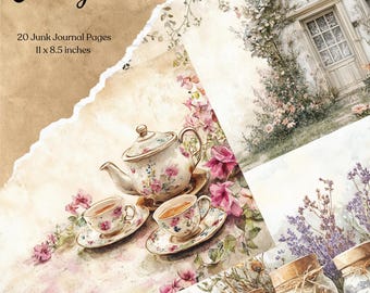May include: A set of 20 junk journal pages featuring a cottagecore aesthetic. The pages are 11 x 8.5 inches and feature images of a teapot, teacups, flowers, and a cottage. The pages are perfect for scrapbooking, journaling, and other creative projects.