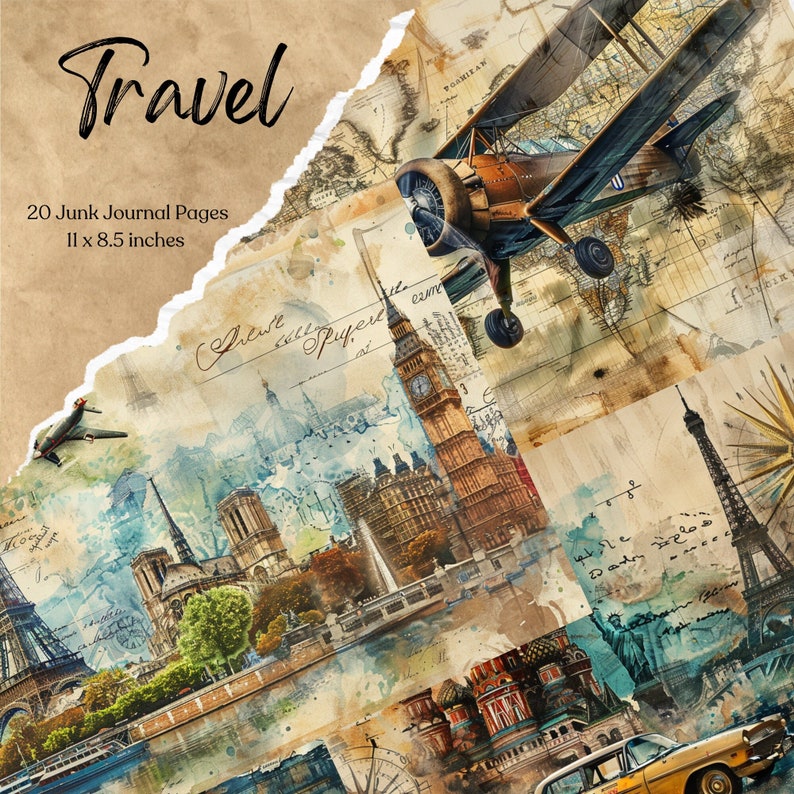 Pode incluir: Uma colagem de imagens de viagens vintage com marcos como a Torre Eiffel, o Big Ben e a Est&aacute;tua da Liberdade. As imagens s&atilde;o sobrepostas com um visual desgastado e antigo. O texto "Travel" est&aacute; escrito em letras grandes e em negrito no topo da colagem. O texto "20 Junk Journal Pages 11 x 8.5 inches" est&aacute; escrito abaixo do t&iacute;tulo.