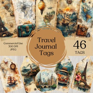 Kit de etiqueta de diário de viagem vintage, itens florais digitais, efêmeras, folha de colagem surrada para impressão, mala antiga, álbum de recortes, avião de papel de férias