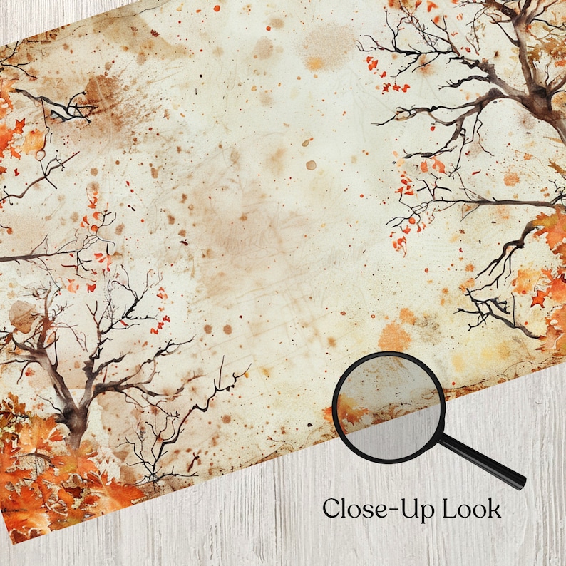 May include: A watercolor painting of autumn leaves with a brown background and white splatter paint. The painting features a close-up of a magnifying glass with the text "Close-Up Look" below it.