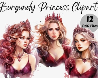 Watercolor Burgundy Princess Clipart | Gemstone Princess PNG | Princess | Watercolor Clipart | Scrapbooking | Paper Crafts | Sublimation