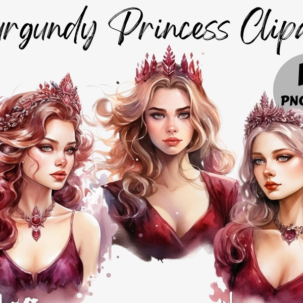 Watercolor Burgundy Princess Clipart | Gemstone Princess PNG | Princess | Watercolor Clipart | Scrapbooking | Paper Crafts | Sublimation