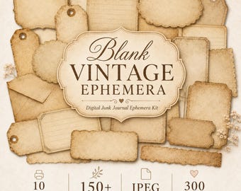 Blank Vintage Junk Journal Ephemera Kit, Printable Tags Labels Journal Cards Washi Strips, Neutral Aged Paper Collage Pack Set for DIY Craft