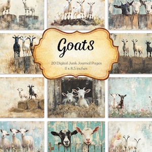 Kit di carte per diario Goat Junk, effimeri animali, stampabili, da scaricare, foglio di collage di tecniche miste, album di ritagli istantanei di animali da fattoria, pacchetto di carte capra
