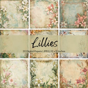 Lily Floral afdrukbaar papier Shabby chique digitale download aquarel bloemen uitnodiging Scrapbook ongewenste Journal Ephemera JPG-kaart maken