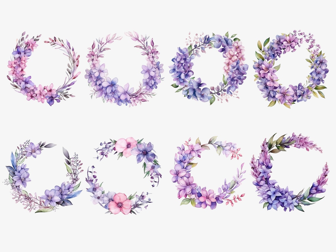 Watercolor Purple Floral Wreath Clipart | Floral Wreath Digital Image ...