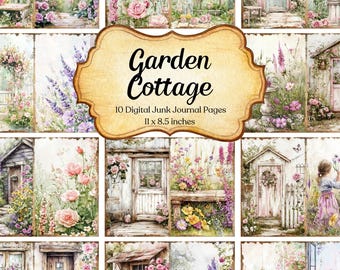Garden Cottage Junk Journal Kit - 10 Printable Vintage Floral Cottage Pages, Rustic Pastel Scrapbook Paper, Digital Download Ephemera