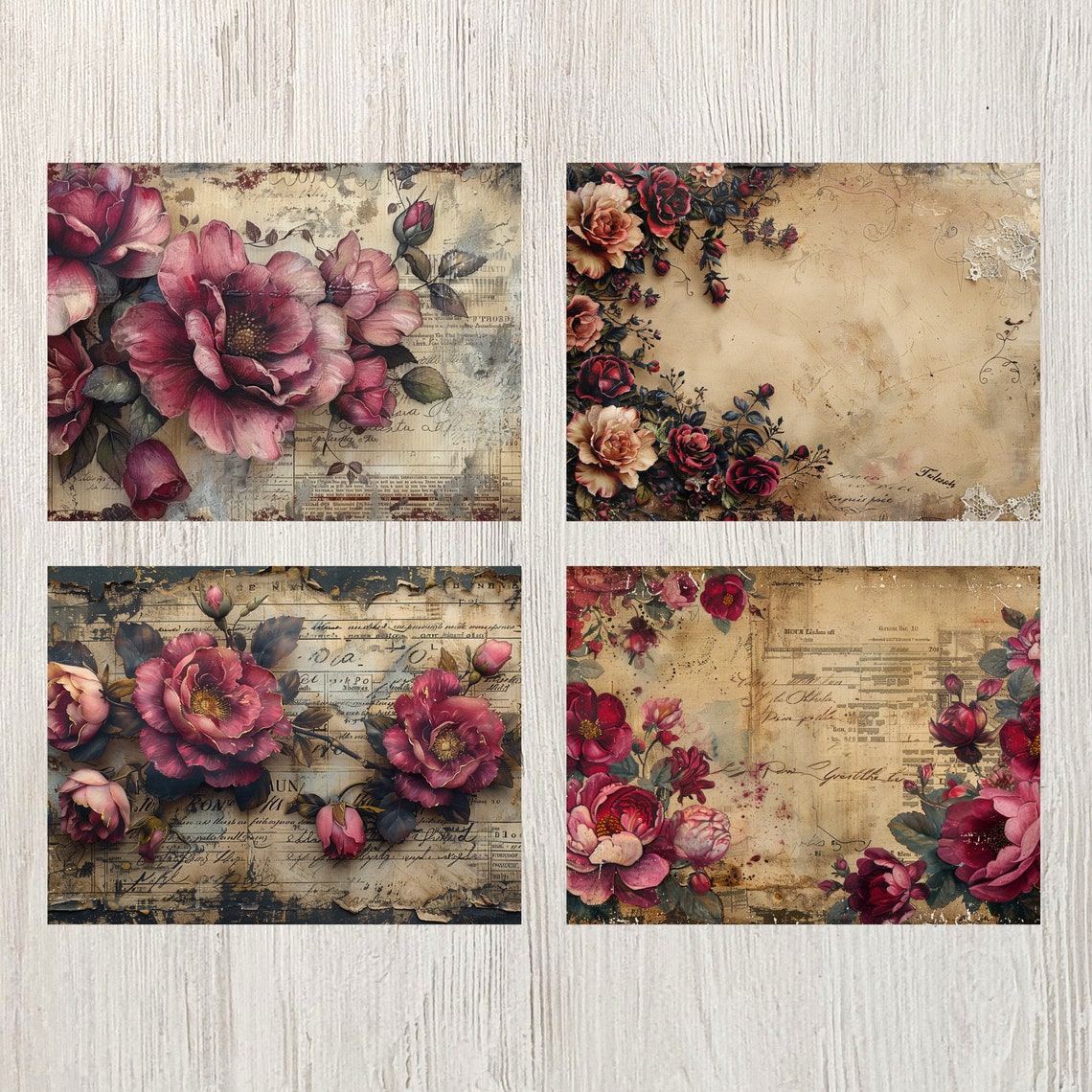 Burgundy Floral Junk Journal Pages Flower Printable Flower Paper Craft ...