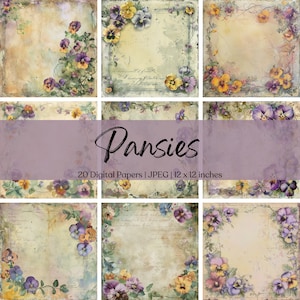 Penséblommor utskrivbara papper Shabby chic digital nedladdning akvarell blommor inbjudan scrapbook skräpjournal ephemera JPG korttillverkning