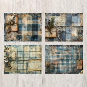 Blårutiga skräpjournalsidor Digitala papper Utskrivbara journalsidor Scrapbook-kort Papperspyssel Shabby chic-textilier Bakgrundsmaterial bild 7