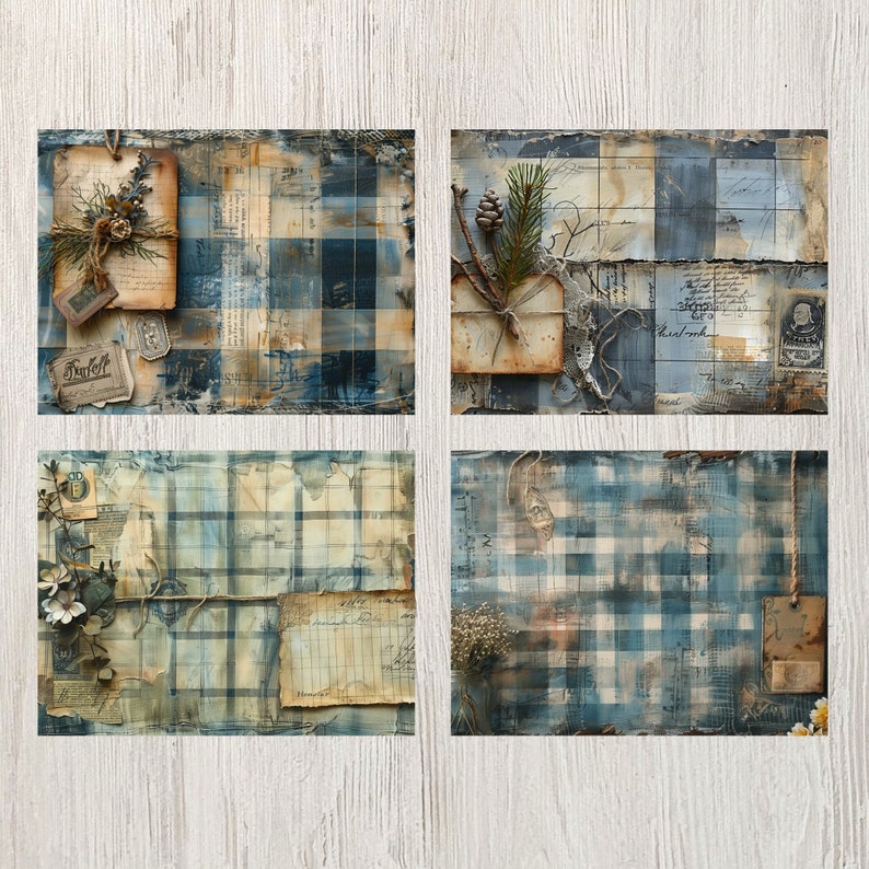 Blårutiga skräpjournalsidor Digitala papper Utskrivbara journalsidor Scrapbook-kort Papperspyssel Shabby chic-textilier Bakgrundsmaterial bild 7