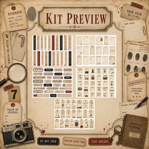 May include: A digital kit preview featuring a collection of printable detective-themed ephemera, including labels, tags, and cards with vintage-style typography, evidence markers, fingerprint records, and case file documents in beige and dark red tones.