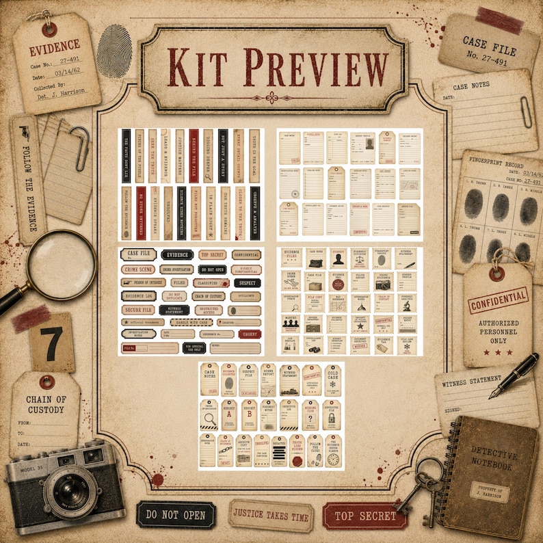 May include: A digital kit preview featuring a collection of printable detective-themed ephemera, including labels, tags, and cards with vintage-style typography, evidence markers, fingerprint records, and case file documents in beige and dark red tones.