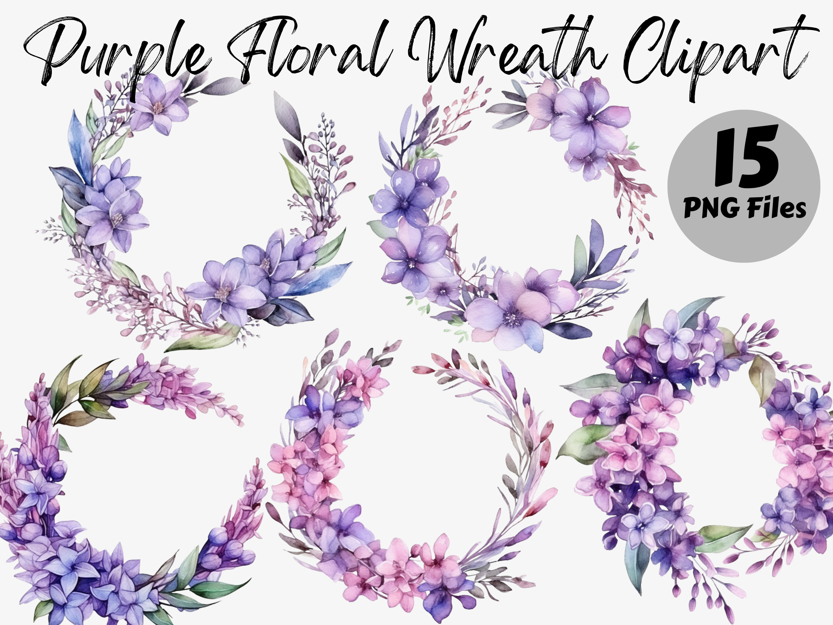 Watercolor Purple Floral Wreath Clipart | Floral Wreath Digital Image ...