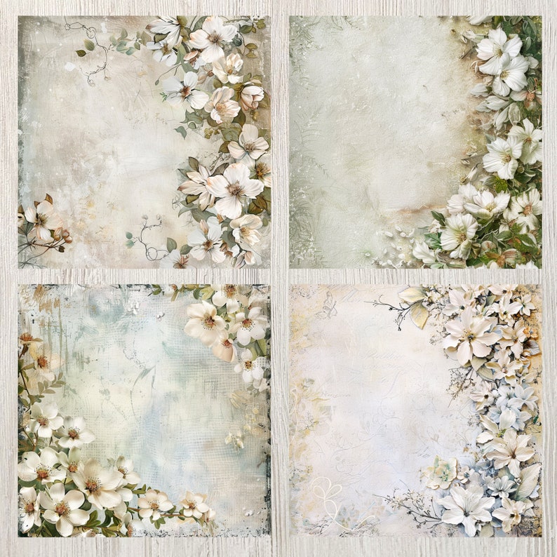 White Floral Printable Paper Shabby Chic Digital Download Watercolor ...