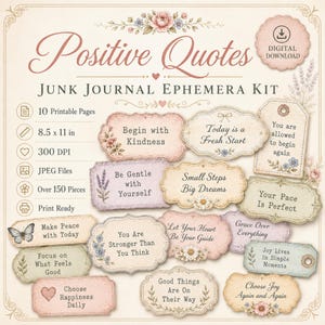 Kit de efímeros para diario creativo con citas positivas, etiquetas vintage femeninas, sellos, tarjetas para diario, tiras de palabras, paquete descargable en formato JPEG imprimible.