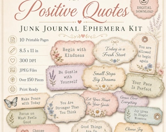 Positive Quotes Junk Journal Ephemera Kit, Vintage Feminine Tags, Labels, Stamps, Journal Cards, Word Strips, Printable JPEG Download Bundle