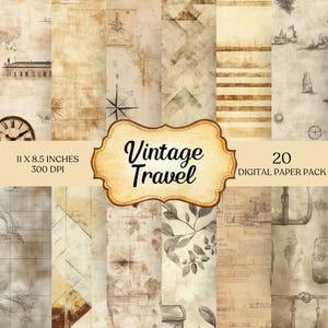 Páginas de diario de viaje vintage, efímera floral digital, hoja de collage shabby imprimible, kit de papel para vacaciones, maleta antigua, álbum de recortes, avión