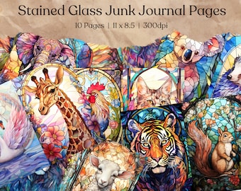 May include: Ten digital pages featuring stained glass style illustrations of various animals, including a giraffe, tiger, koala, swan, cat, rooster, squirrel, and a lamb. The pages are designed for use in junk journals.