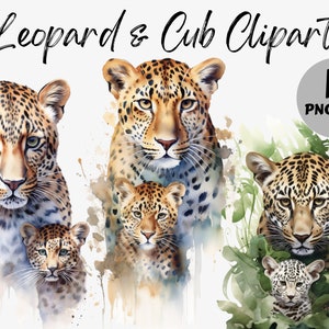 Könnte beinhalten: Eine digitale Illustration eines Leoparden und zweier Jungtiere. Der Leopard steht mit erhobenem Kopf, während die Jungen vor ihm sitzen. Der Hintergrund ist ein Aquarell in Braun- und Blautönen.