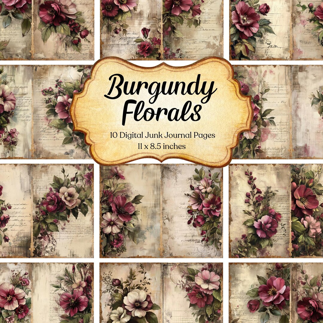 Burgundy Floral Junk Journal Pages Flower Printable Flower Paper Craft ...