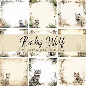 Bébé loup imprimable papier animal de la forêt téléchargement numérique aquarelle Invitation Scrapbooking Junk Journal éphémères JPG fabrication de cartes Page blanche