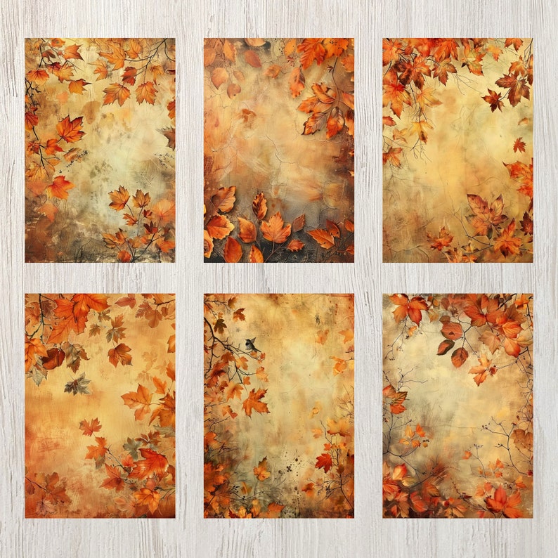 May include: Six digital collage sheets featuring a vintage, textured background with autumn leaves in shades of orange, yellow, and brown. The leaves are arranged in a border around the edges of each sheet.