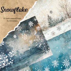 Kit de diario basura con fondo de copo de nieve Página de diario basura de invierno Papel imprimible para diario navideño Tarjeta de collage digital Paquete de álbum de recortes festivo