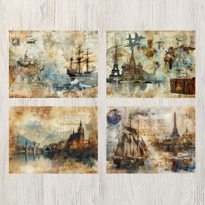 Pode incluir: Uma colagem de quatro imagens de estilo vintage com temas de viagens e aventura. A imagem superior esquerda mostra um navio &agrave; vela sobre um fundo de mapa. A imagem superior direita mostra um avi&atilde;o vintage voando sobre uma cidade com uma roda gigante e uma ponte. A imagem inferior esquerda mostra uma cidade com um rio e uma ponte. A imagem inferior direita mostra um veleiro sobre um fundo de mapa com a Torre Eiffel ao longe.