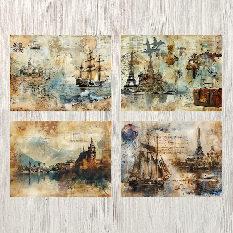 Pode incluir: Uma colagem de quatro imagens de estilo vintage com temas de viagens e aventura. A imagem superior esquerda mostra um navio &agrave; vela sobre um fundo de mapa. A imagem superior direita mostra um avi&atilde;o vintage voando sobre uma cidade com uma roda gigante e uma ponte. A imagem inferior esquerda mostra uma cidade com um rio e uma ponte. A imagem inferior direita mostra um veleiro sobre um fundo de mapa com a Torre Eiffel ao longe.
