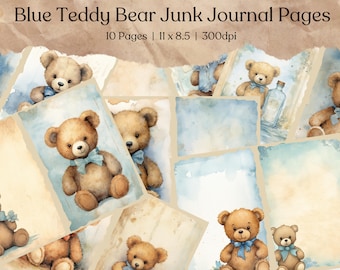 May include: Ten digital paper pages featuring watercolor illustrations of teddy bears with blue bows. The pages have a vintage, distressed look with a light blue watercolor background.