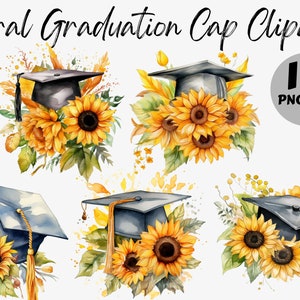 Acuarela Girasol Graduación Cap Clipart Bundle / Imágenes digitales de graduación / Gráficos florales / Graduación PNG / Uso comercial